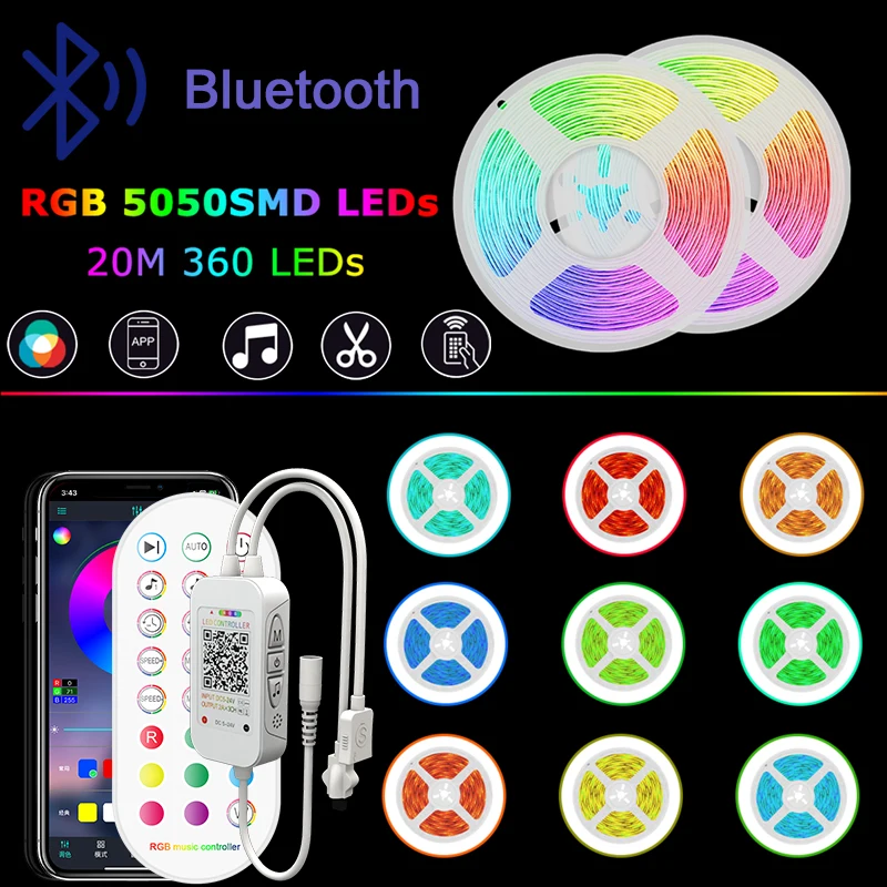 

Bluetooth RGB LED Strip Lights SMD 5050 5m-30m IP20 Neon For Rooms Diode Tape DC 12v Flexible Ribbon With Controller Strips