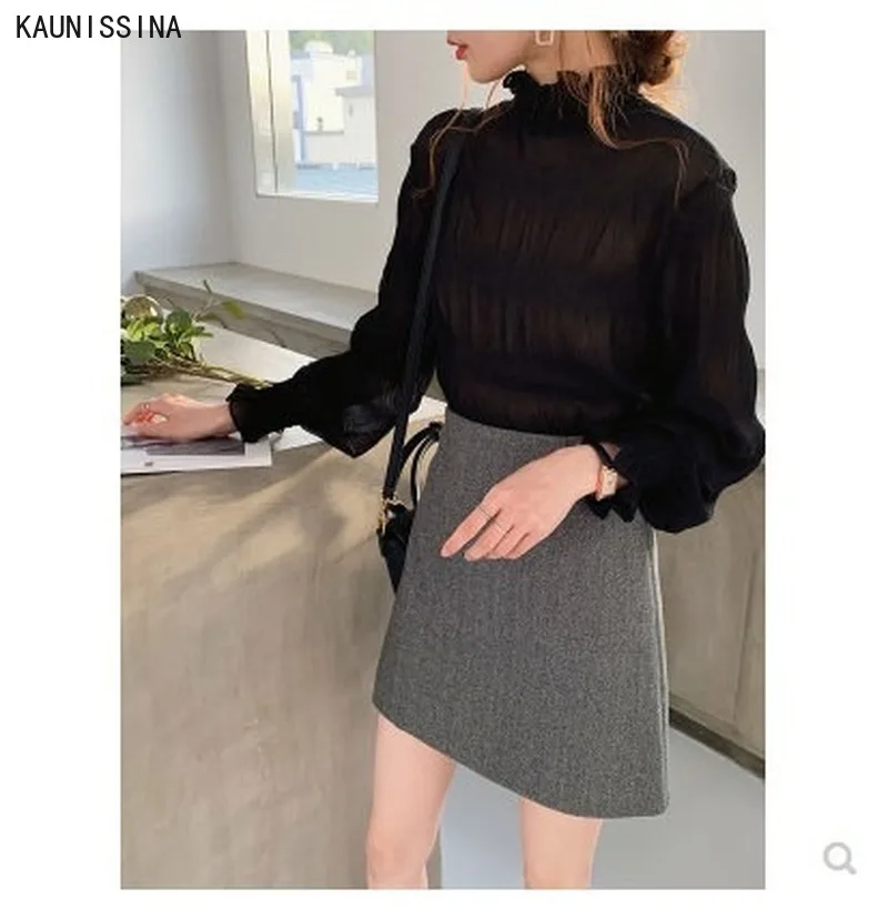 

Women Chiffon Bottoming Shirt Autumn Winter Fashion Ruffles Half Turtleneck Collar Blouses Top Plus Size Ladies Shirts M-4XL