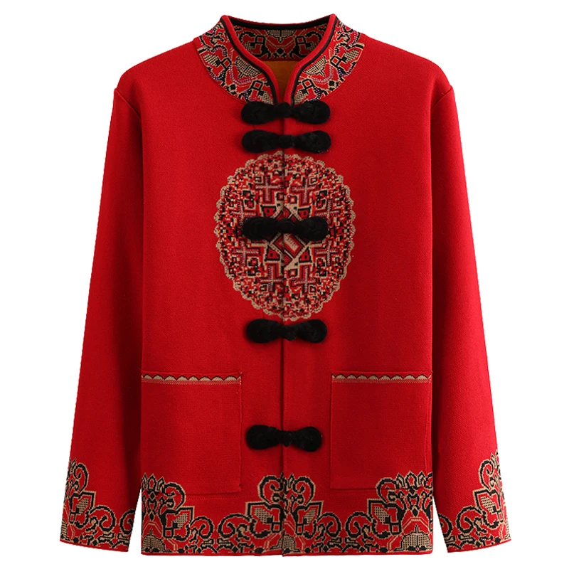 Женский свитер среднего возраста кардиган китайский стиль Ретро длинный рукав