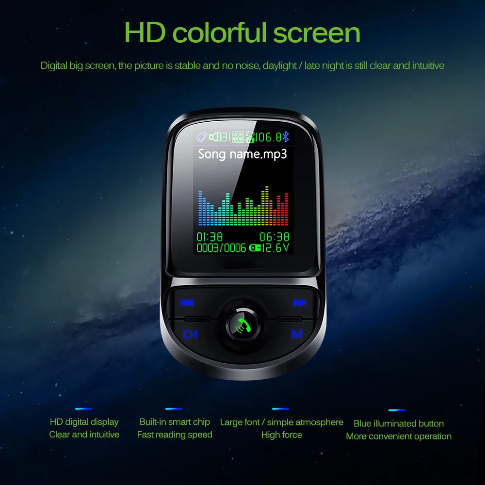 Onever автомобильный fm-передатчик Pantalla a цветной Bluetooth 5,0 беспроводной модулятор Mp3 плеер QC 3,0 двойной USB зарядное устройство Голосовая передача