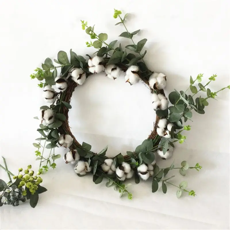 

Artificial Flowers Harvest Cotton Wreath Spring Wreath Outdoor for front Door Wall Window Party Wedding Dcor