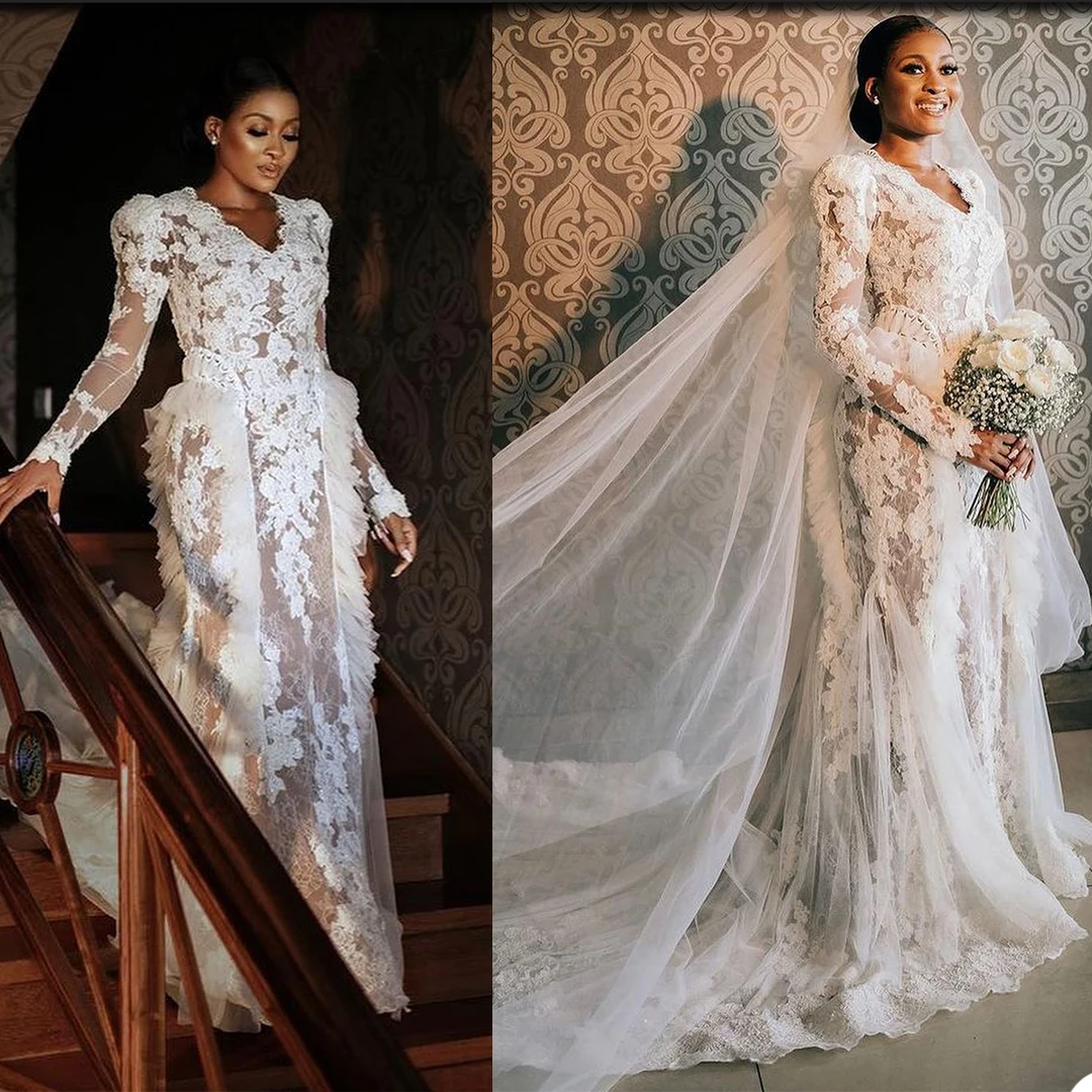 

Vintage Plus Size Mermaid Wedding Dress Illusion Lace V Neck Long Sleeve Bridal Gowns robes de mariée Bohemian Backless Bride