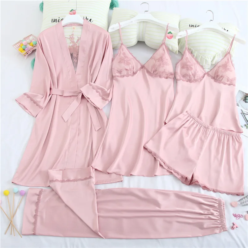 

Blue Satin Pajamas Set Spring Summer 5PCS Sleepwear Hollow Out Pijamas Suit Female V-neck Sleep Set Silky Pyjamas Pour Home Wear