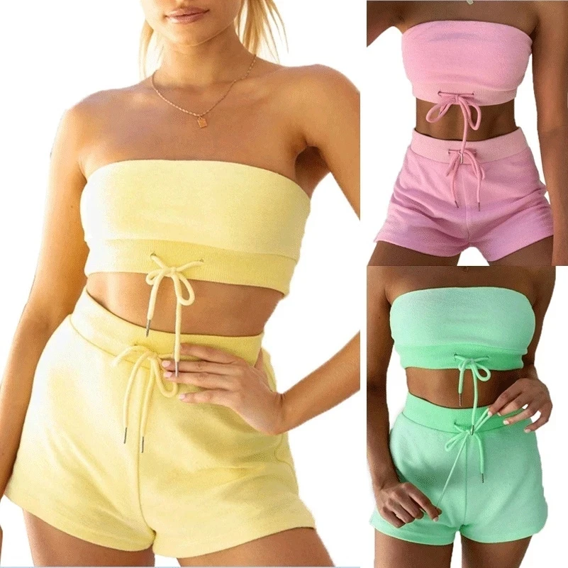 

Women Casual Yoga Set Fitness Gym Clothes Sexy Sleeveless Bandeau Crop Top + High Waist Shorts Workout Running Sports Suit