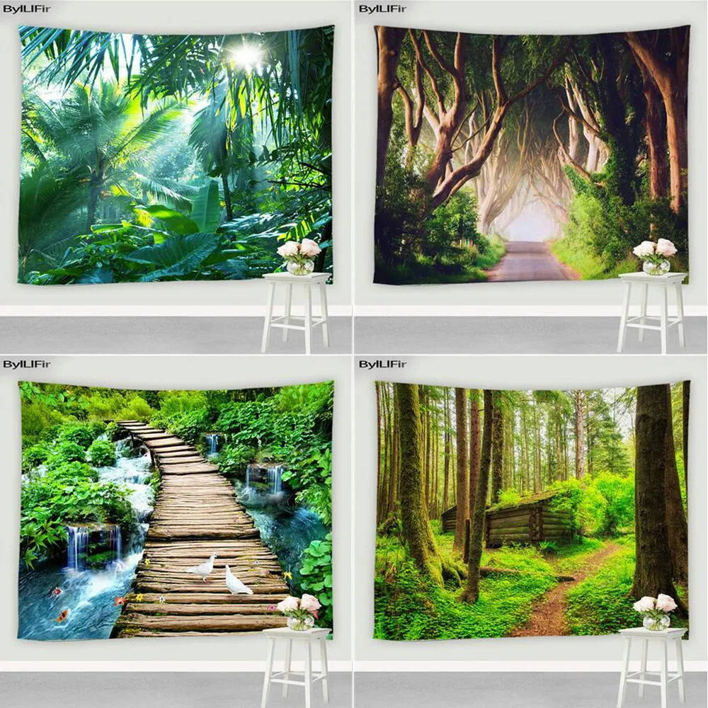 

Landscape Tapestry Sunshine Forest Wooden Bridge White Dove Living Room Bedroom Wall Hanging Screen Bohemian Hippie Mural Decor