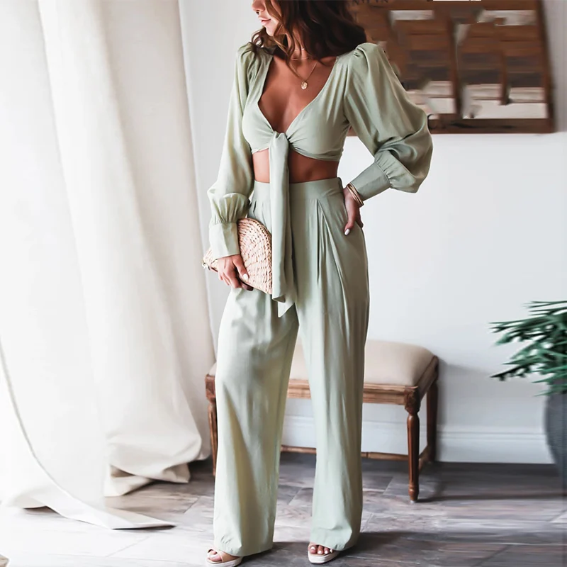 

Women's Office Ladies Sets Crop Tops Lace Up Lantern Sleeve Wide Leg Solid Elegant Women Suit 2021 Summer Bandage Female Suits
