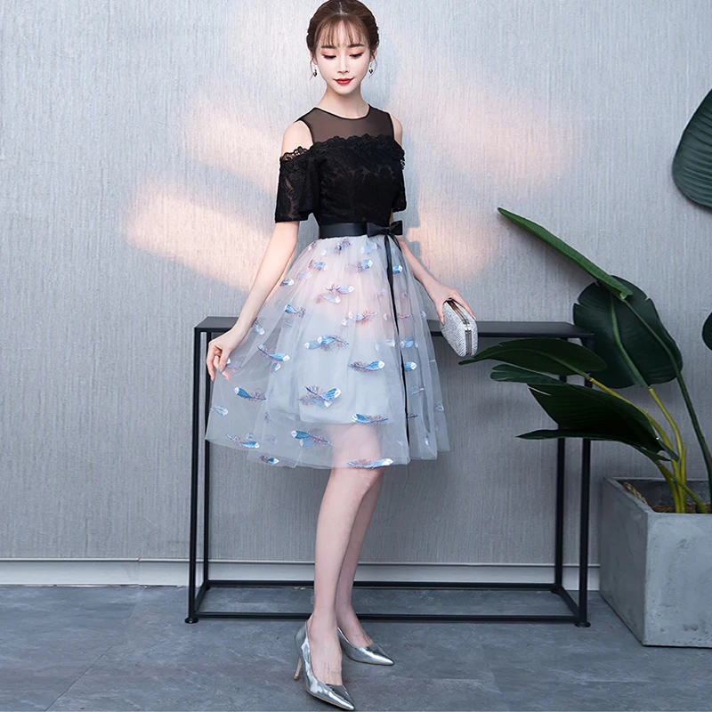 

Flower Embroidered Cocktail Dresses short Lace evening party Elegant A Line formal Party Dresses prom dress