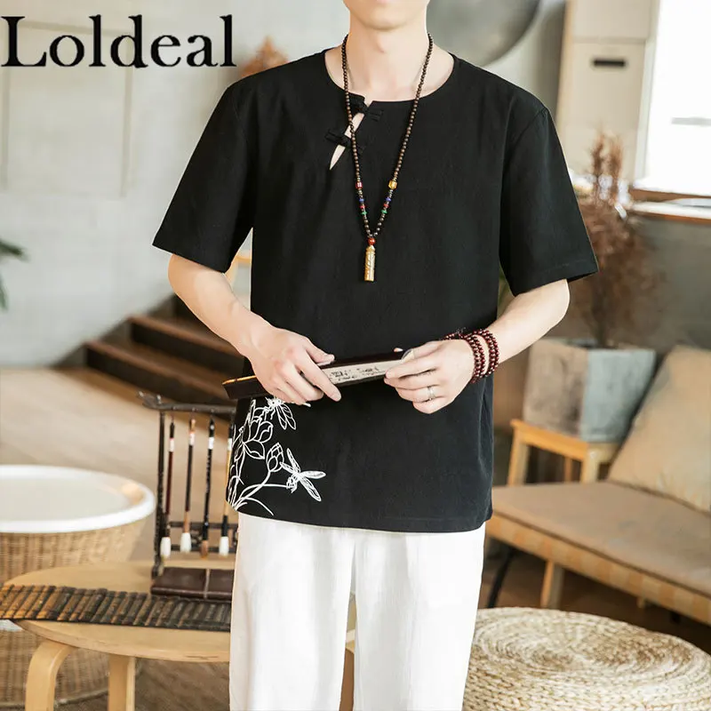 

Loldeal Short-sleeved T-shirt Men Floral Print Round Neck Casual Chinese Style