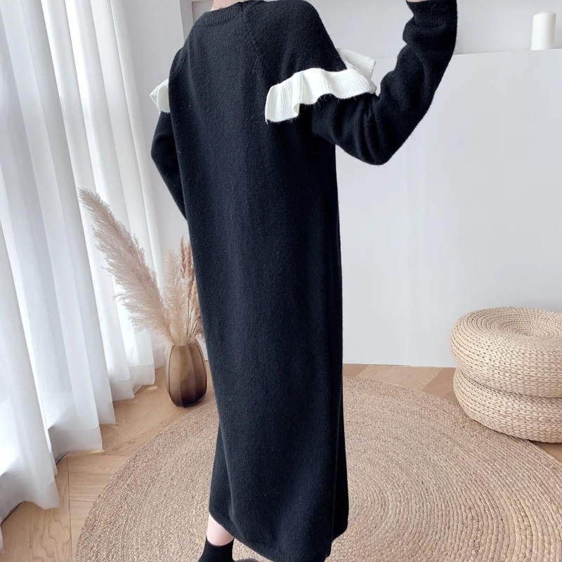 

Make firm offers qiu dong long over-the-knee loose show thin wool dress temperament agaric edge design feeling knitted dress
