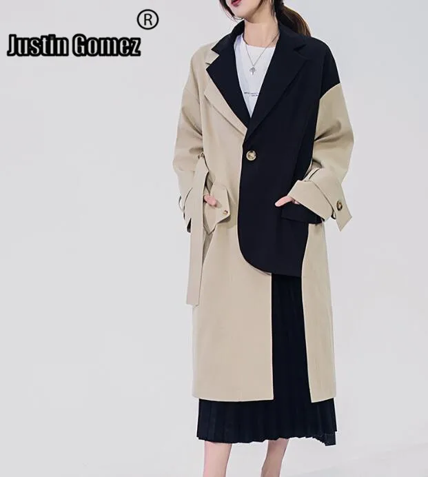 Женский плащ с поясом длинный цвета хаки в стиле пэчворк ветровка весна-осень 2021 |