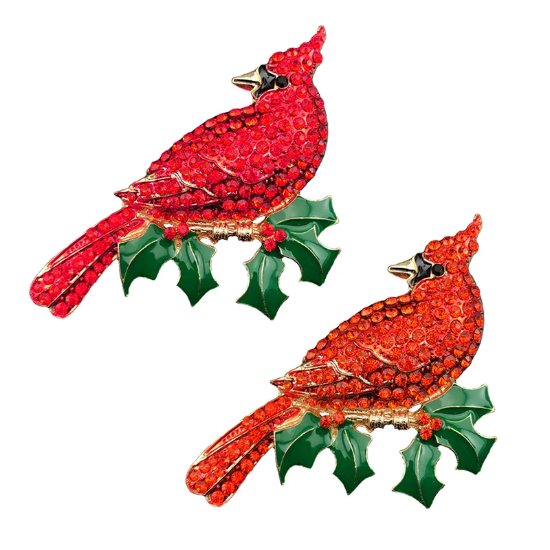 Custom Orange Red Rhinestone Enamel Leaves Cardinal Bird Animal Brooches Pins