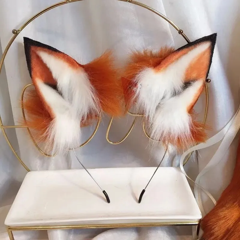 

Lolita Hand Made LOL Golden Red Fox Ear Wolves and Cats Fox Ear Hair Hoop Headwear Tail for Girl Women High Quality Hairbands