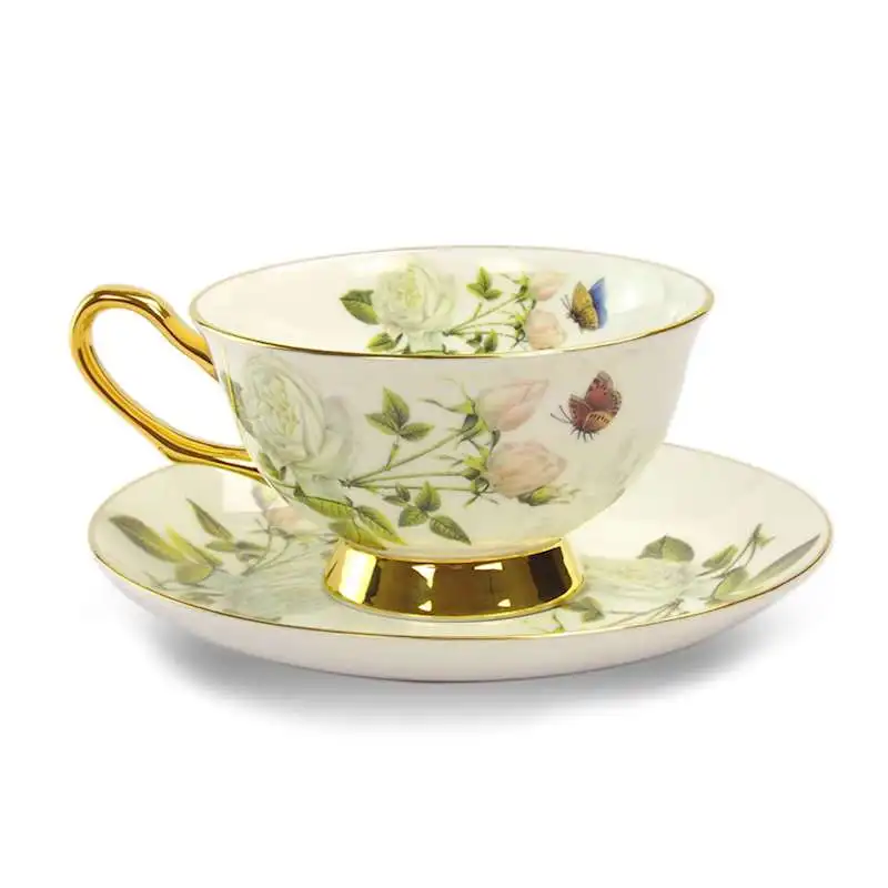 

Элегантная чайная чашка из костяного фарфора с цветами, блюдце, ложка, набор керамической чайной чашки, белая фарфоровая кофейная чашка, чай...