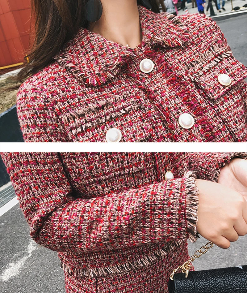 

Vintage Autumn Winter Tweed 2 Piece Set Women Long Sleeve Tassel Pocket Jacket Coat And High Waist Skirt Suits Women's Outfits