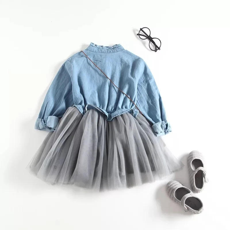 

Summer Cowboy Girls Dress Children Clothing Princess Kids Dresses for Girls Long Sleeve Net Yarn 3-7 Years Vestido Robe Fille