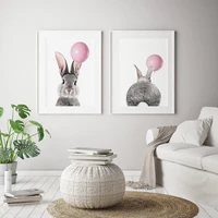 bunny print set of 2 with pink balloon nursery painting rabbit animal butt wall art no frame pictures