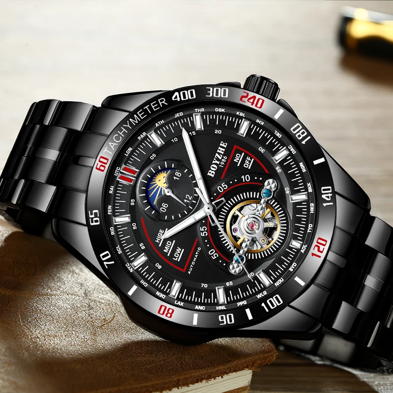 

BOYZHE Men Automatic Mechanical Fashion Top Brand Sport Watches Tourbillon Moon Phase Stainless Steel Watch relogio masculino