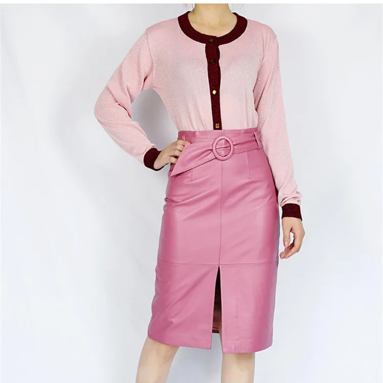 Autumn new high waist big ring lace genuine sheepskin leather skirt mid-length skirt,women's fashion leather skirt