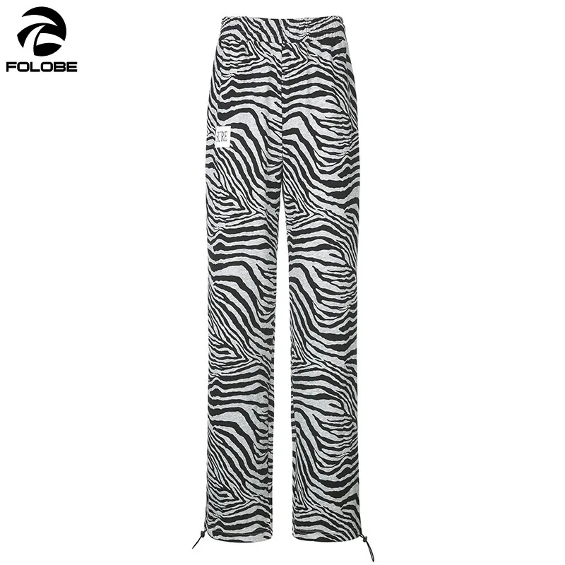 

FOLOBE 2020 Autumn Casual Straight Knitted Pants Women Zebra Female Drawstring Loose High Waist Wide Leg Pants Casual Trousers
