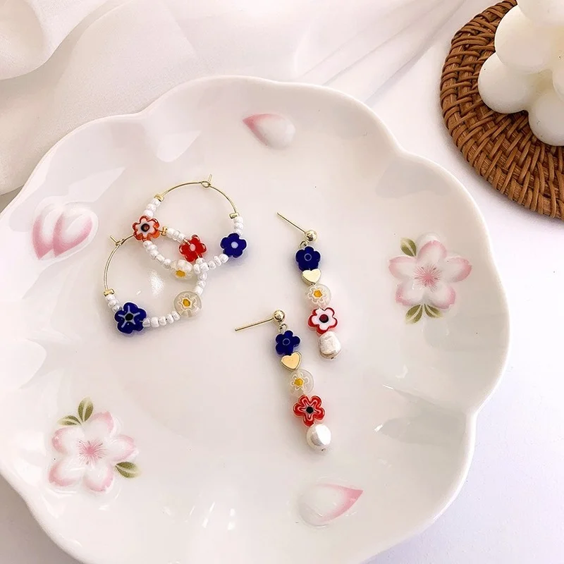 

U-Magical Sweet Trendy Multicolor Bead Flower Dangle Earring for Women Love Heart Freshwater Pearl Metallic Earring Jewellery
