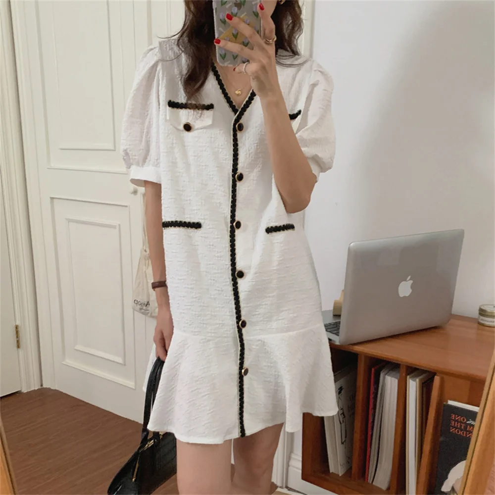 

Женское ТРАПЕЦИЕВИДНОЕ мини-платье Alien Kitty, элегантное французское платье трапециевидной формы с V-образным вырезом, оборками и рукавами-фон...