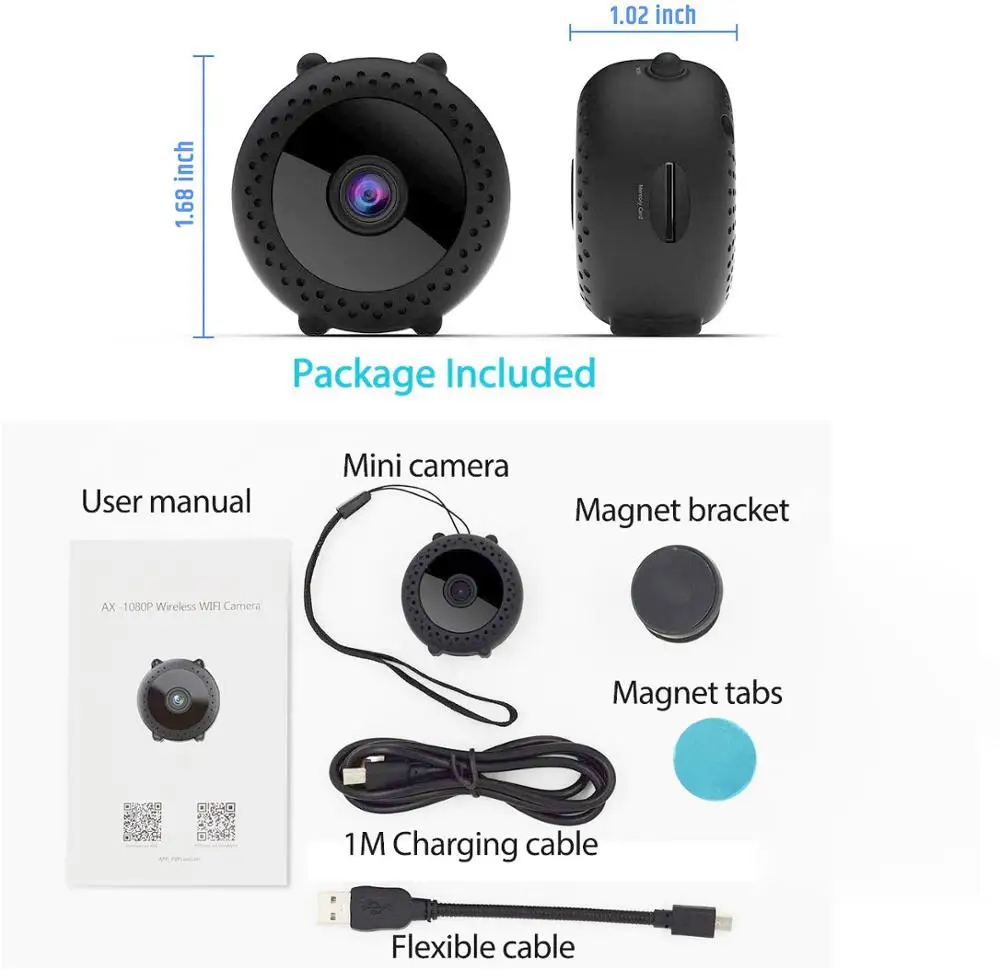 Мини Беспроводная камера с ремешком и магнитным креплением 150 широкоугольная Full