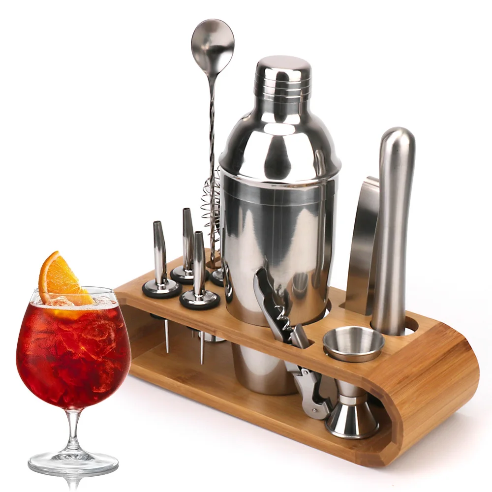 

Bars Mixed Drinks Bartender Tools Mocktail Tools Jigger Mixing Spoon Tong Stainless Steel Cocktail Shaker Set Wood Storage Stand