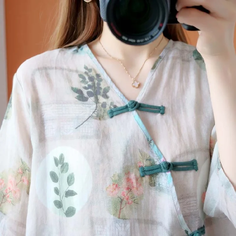 

New 2021 Traditional Chinese Top Chinese Flower Print Hanfu Clothes Oriental Clothing Traditional Chinese Linen Blouse For Women