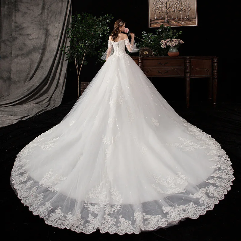 Bride Shoulder Large Size Lace Long Tailed Court Shiny mermaid boho Dress beach ball gown Wedding dresses floor length gowns | Свадьбы и