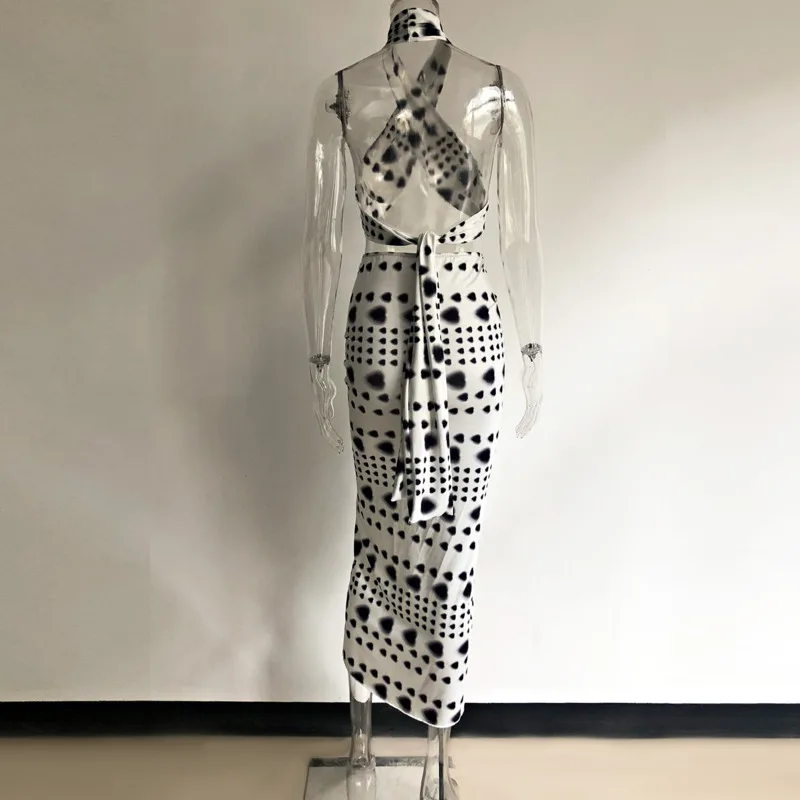 

Summer New Print Hollow Out Woman Dresses Nightclub Sexy Bodycon Patchwork Streetwear Casual Bohemian Low-cut Halter Beach Dress