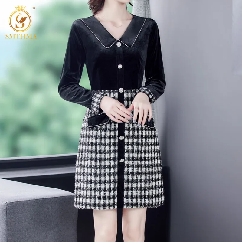 

SMTHMA New Autumn And Winter Diamond-Studded Lapel Patchwork Tweed Woolen Dresses Women's High Waist Long Sleeve Velvet Dress