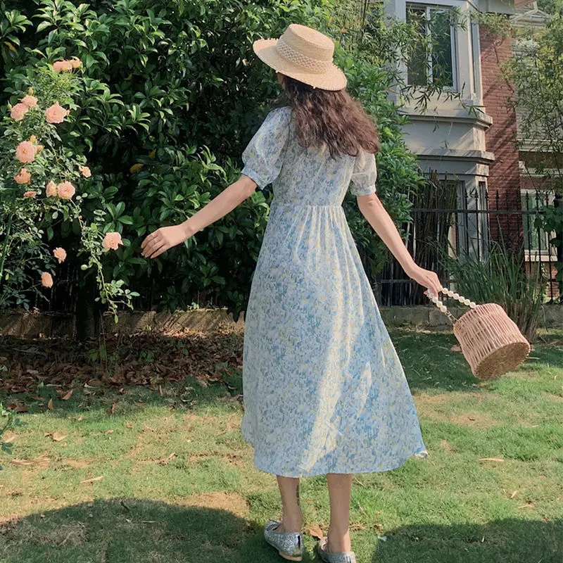 

Chiffon dress women's 2021 summer new French literature retro waist show thin temperament floral long skirt