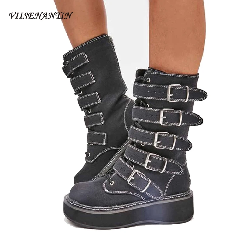 

Новые модные осенне-зимние Красивые Ботинки Martin с круглым носком и пряжкой для ремня для девушек в стиле панк, женские повседневные ботинки ...