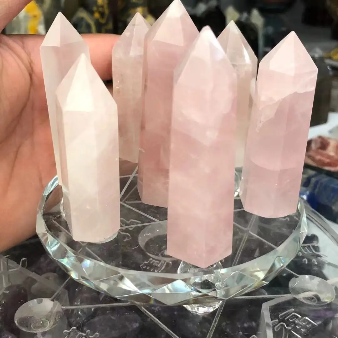 

Feng shui seven star array natural pink crystal transparent stone column + plate bottom decoration