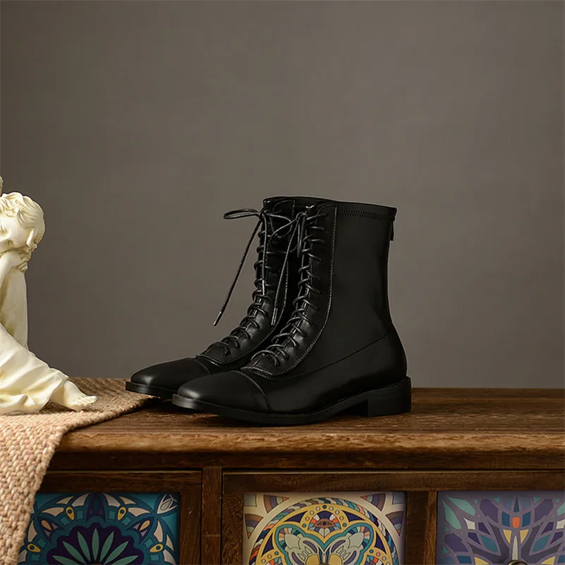 

ANNYMOLI Real Leather Ankle Boots Med Heel Woman Boots Zip Thick Heel Short Boots Lace Up Square Toe Lady Shoes Autumn Winter 40
