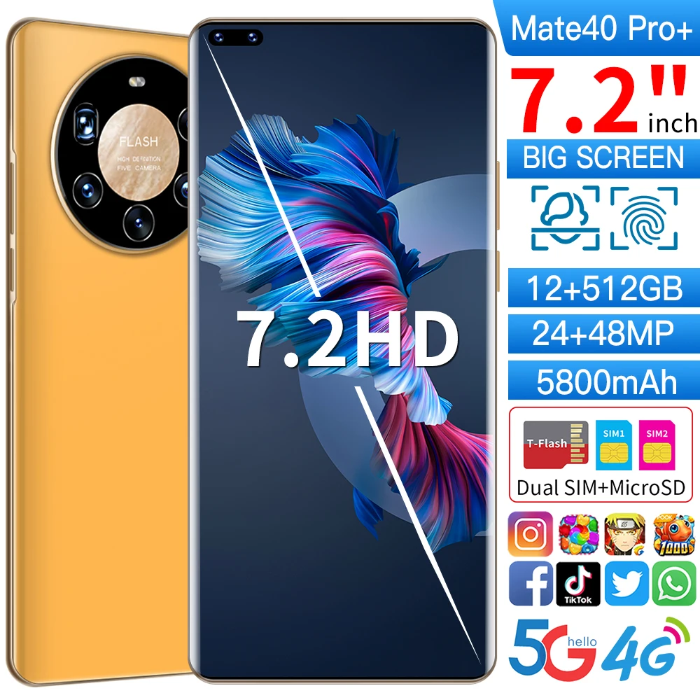 

Hauwei Mate40 Pro+ 12GB+512GB Smartphone 7.2inch Android10 Cellphone 24MP+48MP HD Camera 5800mAh 4G 5G Network Mobile Phone