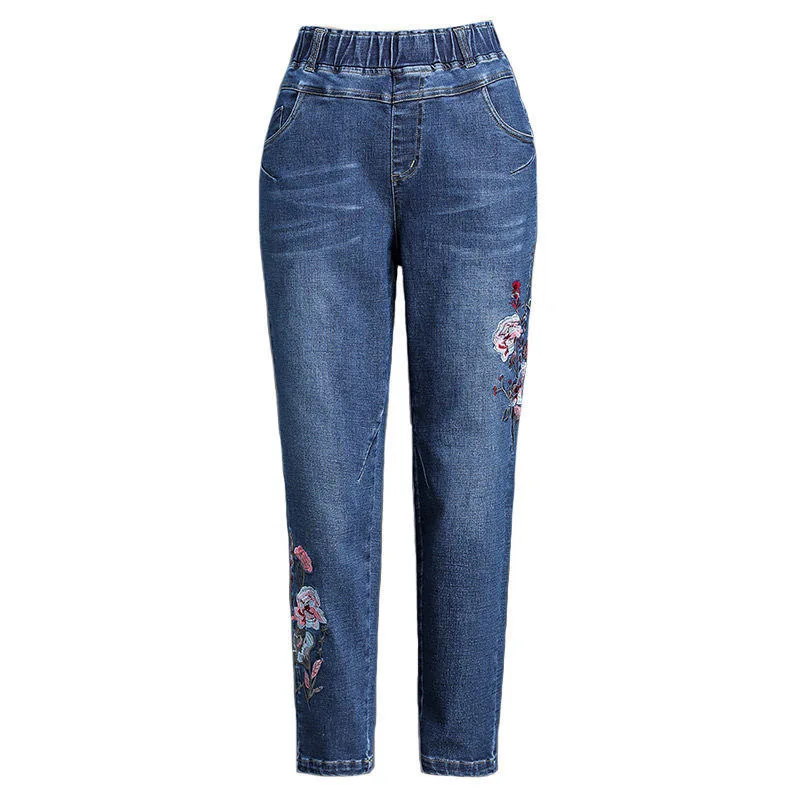Mom's Embroidered Floral Straight Jeans Oversized 34 High Waist Harem Denim Pants Trendy Loose Vintage Cowboy Trousers Women New