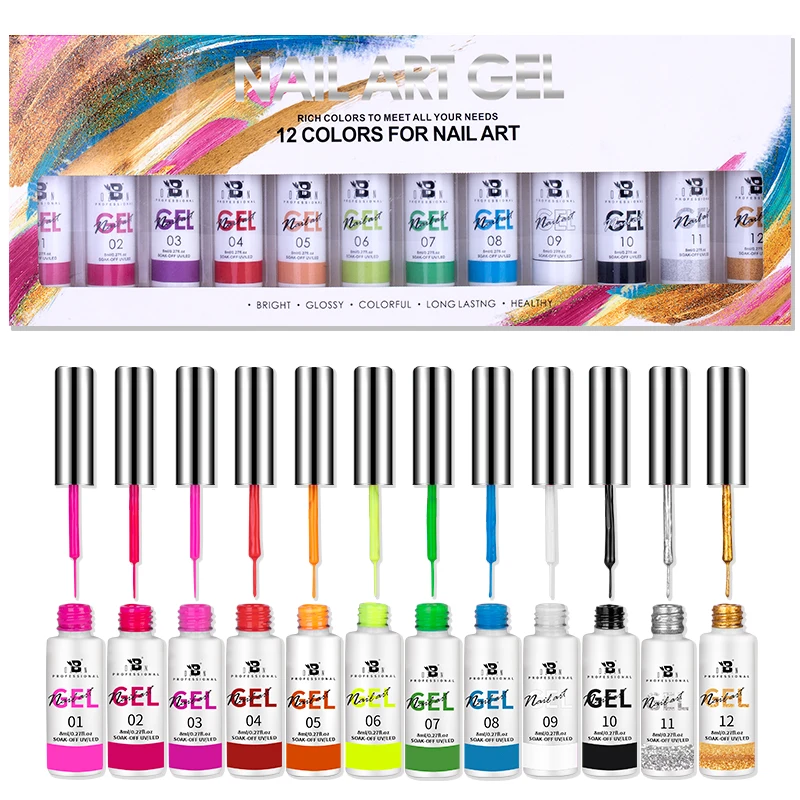 

8ML Nail Art Gel Polish Kit Soak Off UV LED Gel Nail Polish Semi Permanent Platinum Liner Gel Set Lacquer Nail Art Design