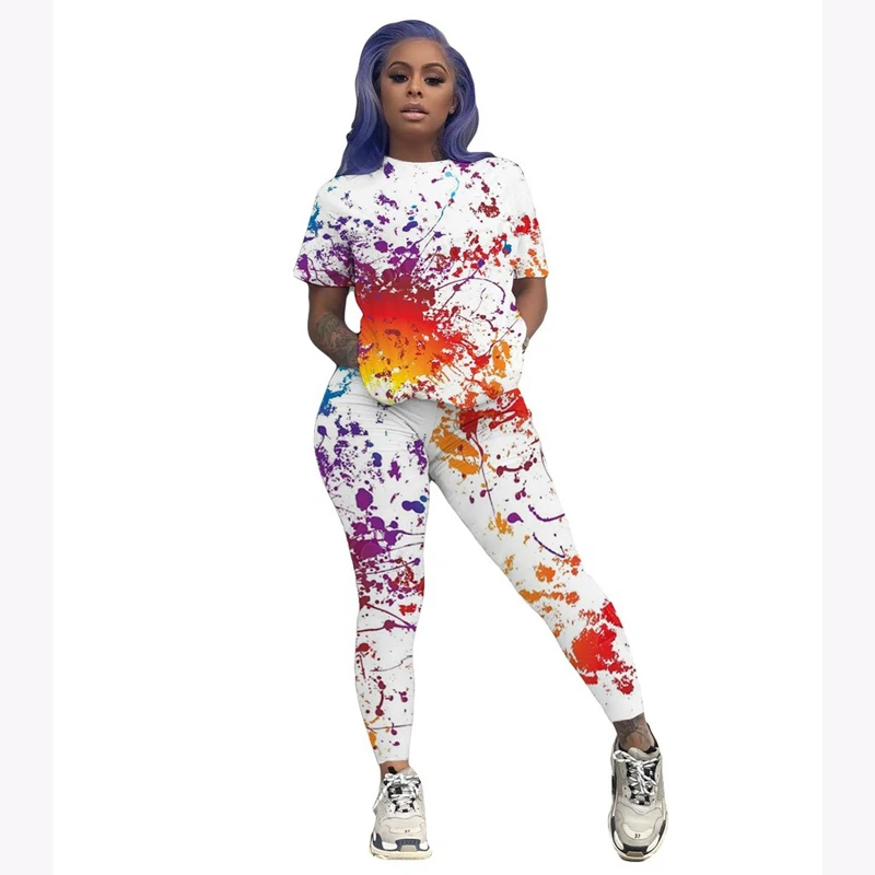 

African Fashions for Women Graffiti Contrast 2 Piece Suit Long Pants and Short T-shirt Print Plus Size Clothing Women 2020