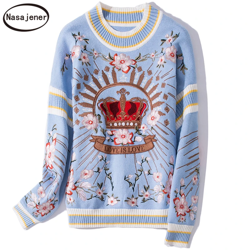 Runway luxury Winter Knitting Pullovers Women's High Quality Floral Crown Embroidery Casual Loose Blue Sweater | Женская одежда