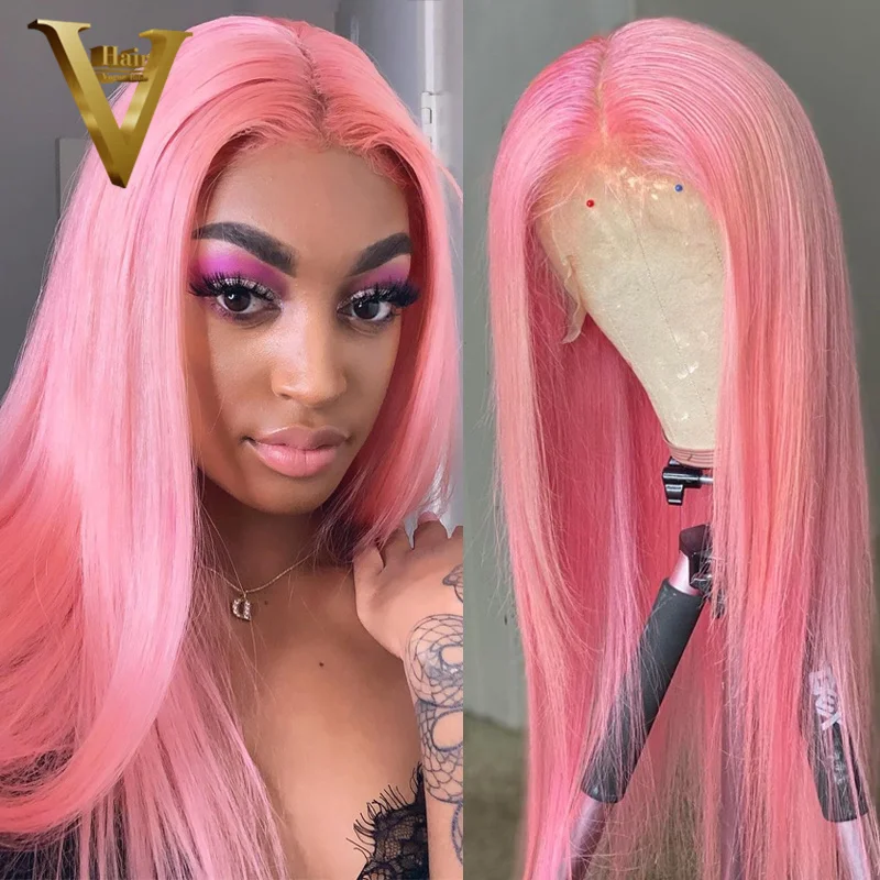 

Парики розового цвета для женщин, человеческие волосы, прямой парик на сетке спереди, бразильский прозрачный Парик HD на сетке спереди, предв...