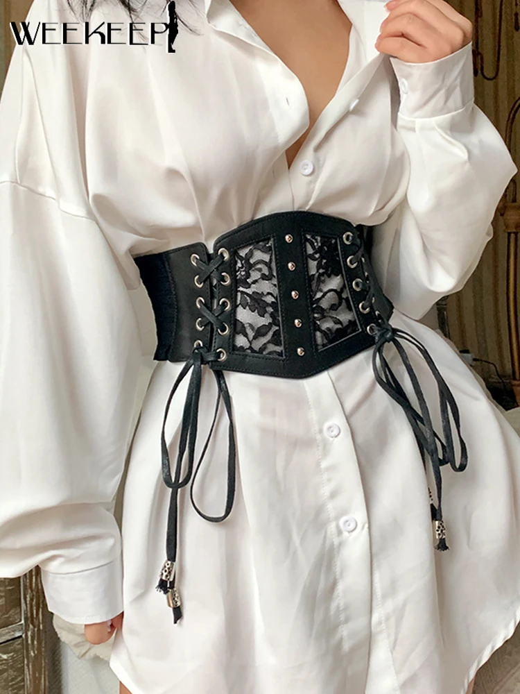 

Weekeep Women Corset Belt Black Fashion Lace Bandage Elastic Cummerbunds Fashion Ruffled Wide Belts Summer Harness Bustier Tops