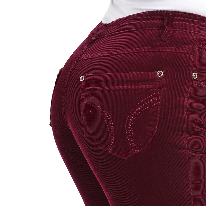 Большие размеры женские осенние вельветовые брюки с высокой талией эластичные