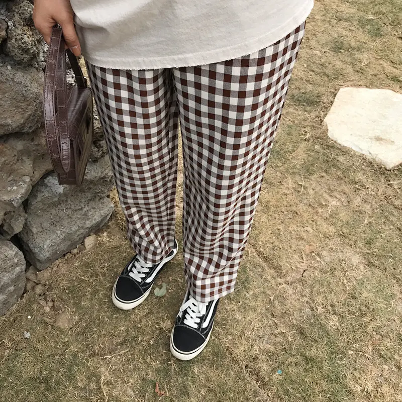 

Casual 2020 Women Full Length Fashion Elastic Plaid Trousers Summer High Quality Slim Loose High Waist Plaid Pants Women
