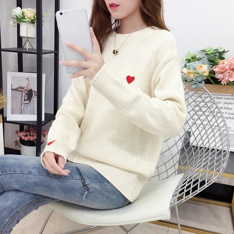 FMFSSOM Autumn Winter Knitted Heart Printed Women Pullovers Sweater Casual Woolen Warm O-neck Long Sleeve Female | Женская одежда