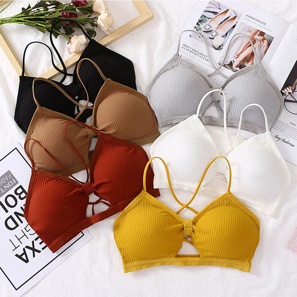 Женский бюстгальтер пуш ап хлопковый в рубчик нижнее белье с подкладкой для