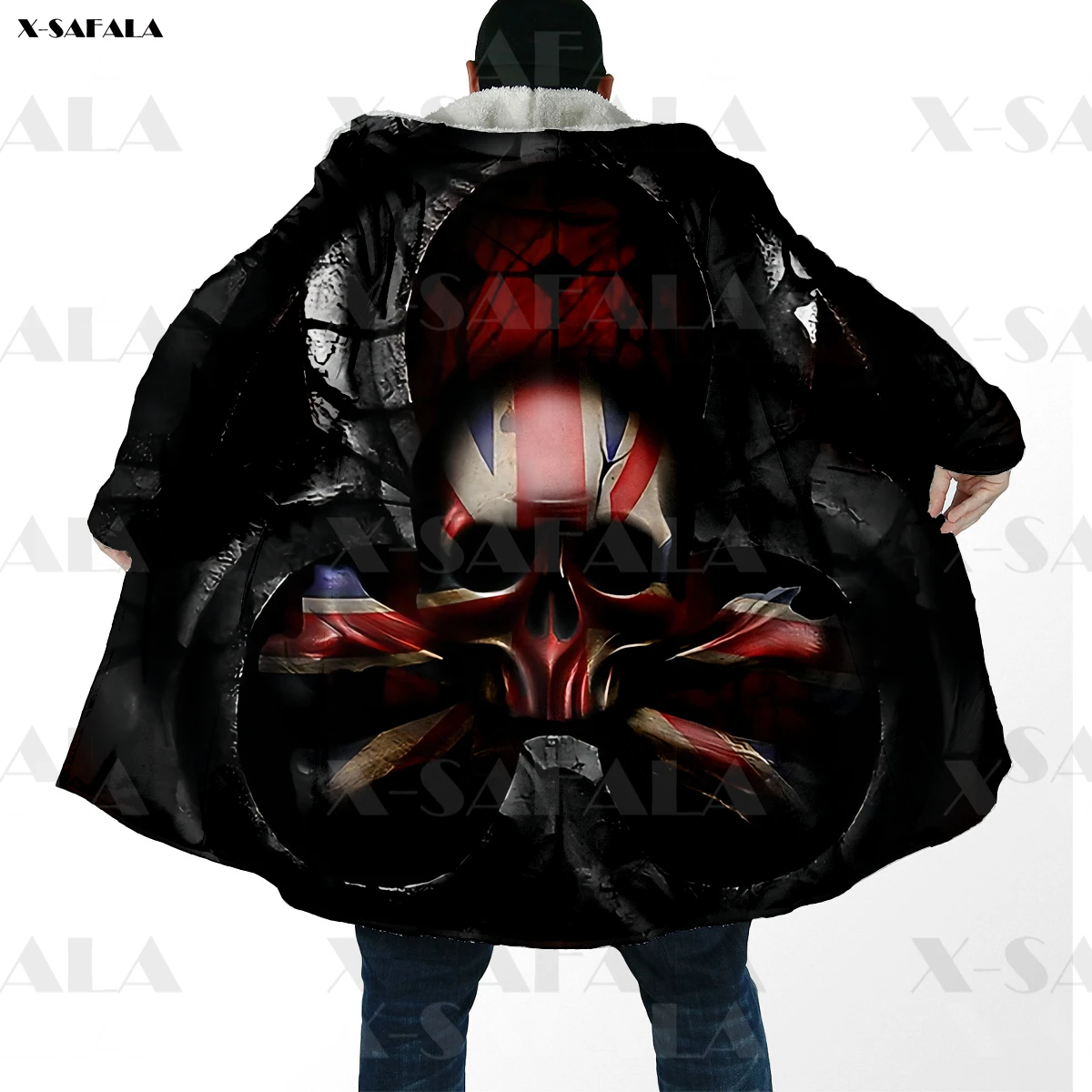 

UK Skull Thicker Warm Hooded Cloak Female Man Samurai Tattoo Overcoat Coat Windproof Fleece Cape Robe Hooded Blanket