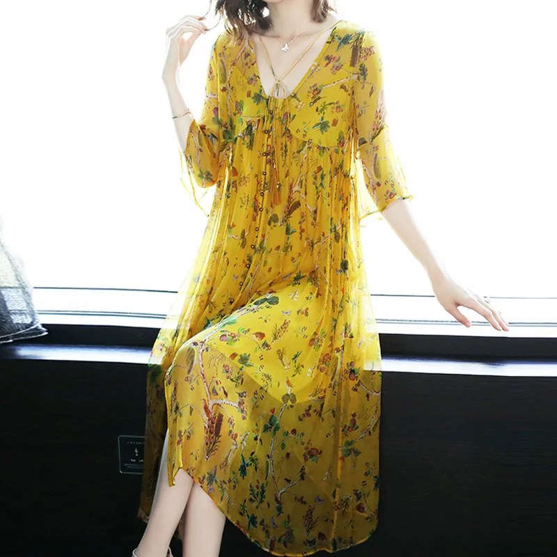 Летнее женское шелковое пляжное платье 2020 в стиле бохо вечерние ные сетчатые