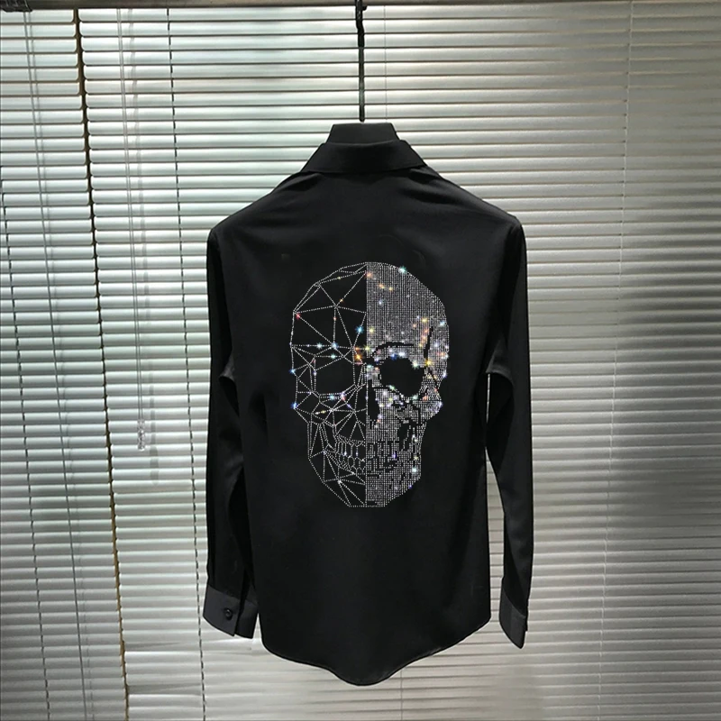 

Loose Hip-Hop Hot Style Men's Shirt Skull With Diamonds Shiny Personality Casual Bottoming Long Sleeves