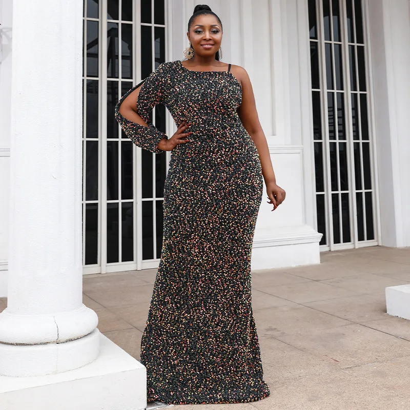 

Женское платье на одно плечо JIAK, летнее облегающее платье большого размера с блестками для выпускного вечера, сексуальное платье-макси для ...